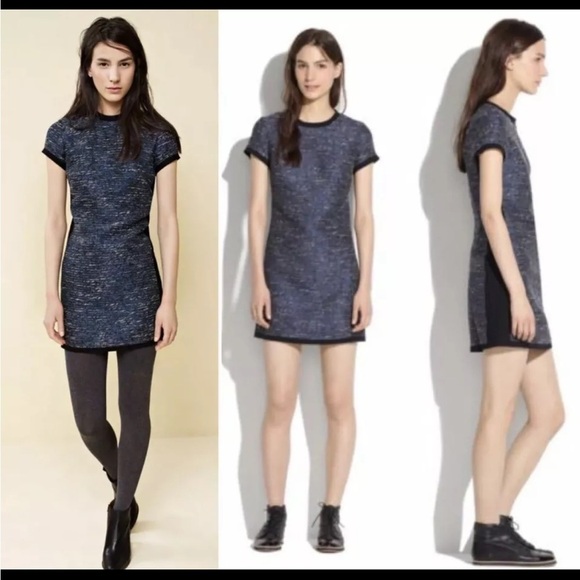 Madewell Shimmer Weave Blue Metallic Black Panel Tweed Shift Dress 12 - Picture 9 of 9